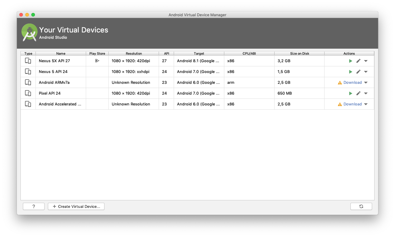 Androïd Virtual Device Manager